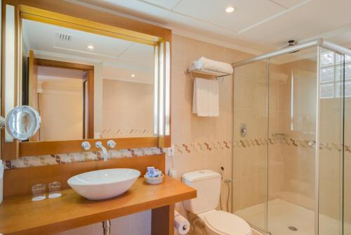 a bathroom with a toilet and a sink and a shower at Blue Tree Towers Caxias do Sul in Caxias do Sul