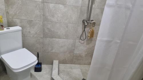 łazienka z prysznicem, toaletą i zasłoną prysznicową w obiekcie My House w Bordżomi