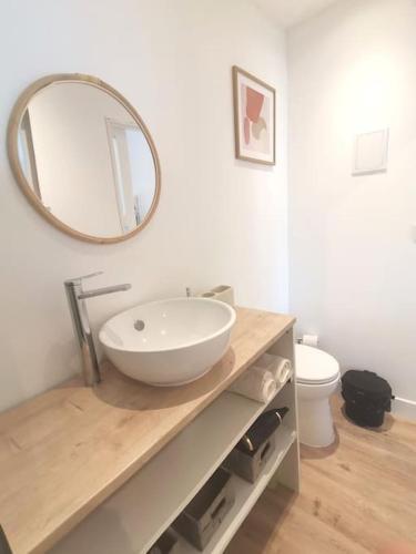 a bathroom with a white sink and a mirror at Studio COSY avec terrasse St Barthélémy in Saint-Barthélemy-dʼAnjou
