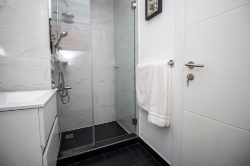 baño con ducha y puerta de cristal en Ghana luxury Apartments en Accra