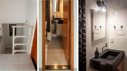 two pictures of a bathroom with a sink and a staircase at Apto aconchegante e familiar em BC in Balneário Camboriú