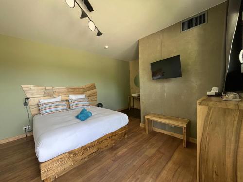 a bedroom with a bed and a television in it at Hôtel En Tilleul in Pont-du-Navoy