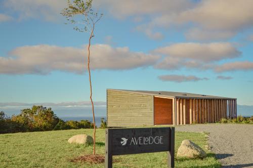 a tree with a sign in front of a building at Ave Lodge Frutillar in Frutillar