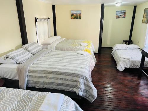 3 Betten in einem Zimmer mit Holzböden in der Unterkunft La Delphina Bed and Breakfast Bar and Grill in La Ceiba