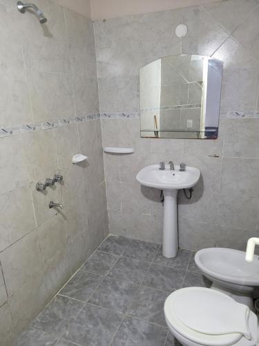 Un baño con lavabo, inodoro y espejo. en Hotel Belgrano, en Villa Carlos Paz