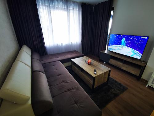 a living room with a couch and a tv at Viva 3 Grand monastery in Pamporovo