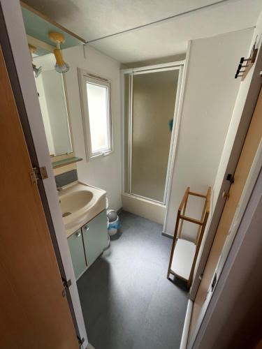 La salle de bains est pourvue d'un lavabo, de toilettes et d'un miroir. dans l'établissement Mobile home camping Pedro, au Grau-dʼAgde