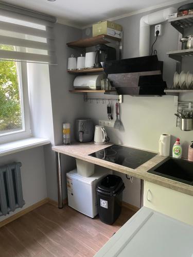 a kitchen with a stove and a counter top at Lasma’s hub in Jelgava