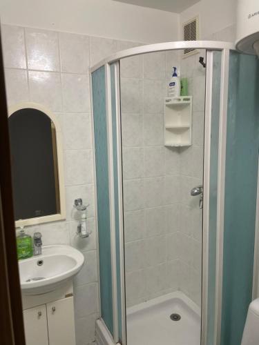 een badkamer met een douche en een wastafel bij Lasma’s hub in Jelgava