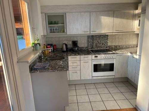 a kitchen with white cabinets and granite counter tops at OL Wohnungen Hohenems in Hohenems