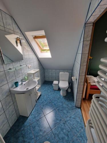 La salle de bains est pourvue d'un lavabo et de toilettes. dans l'établissement Sosnowy Młodnik, à Płaska
