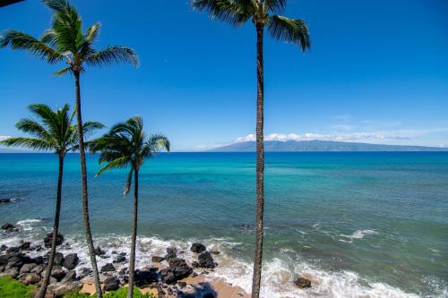 Noelani 410 في Kapalua-West Maui Airport: نخلتان على شاطئ مع المحيط