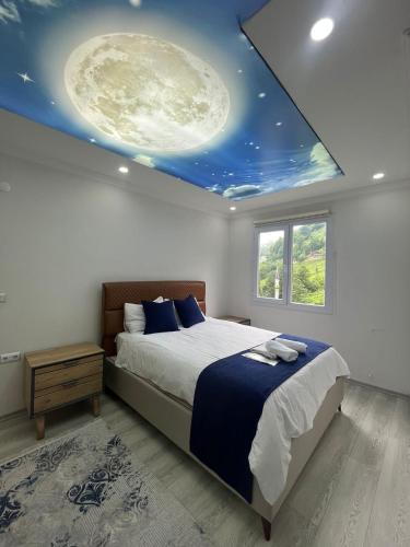 a bedroom with a large bed with a ceiling with planets at Dereli Suit Delux Ayder in Rize