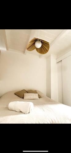 a bedroom with a bed with a ceiling fan at Apartamento Barcelona in Barcelona