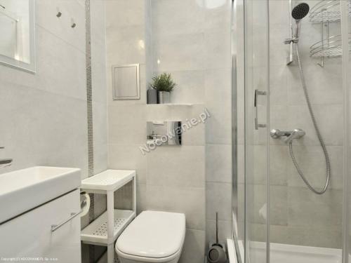 ein weißes Bad mit einer Dusche und einem WC in der Unterkunft Apartament Melisa in Szklarska Poręba