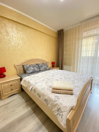 - une chambre avec un grand lit et une fenêtre dans l'établissement Cozy Two Bedroom Large Apartment, à Chişinău