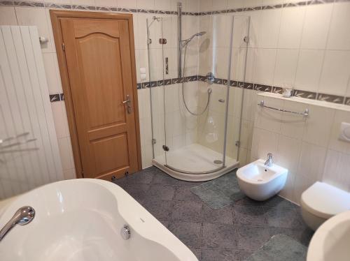 a bathroom with a tub and a shower and a sink at Apartamenty Kotarz Sauna&Relaks in Brenna