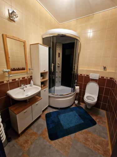 a bathroom with a sink and a toilet and a shower at Villa Florencia in Bardejov