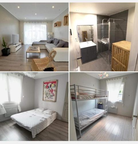 trois photos d'une chambre et d'un salon dans l'établissement Chez Gaël et Julie villa 5 mins plages pisc, clim, à Sérignan