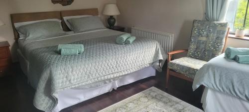 a bedroom with a bed with two pillows on it at Fiddlers Cottage in Kesh