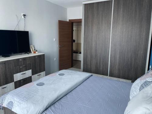 a bedroom with a bed and a flat screen tv at Catina`s Home in Burgas