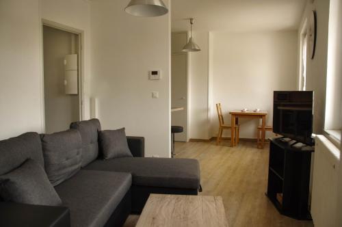 - un salon avec un canapé et une table dans l'établissement Appartement Lisa, à Lézignan-Corbières