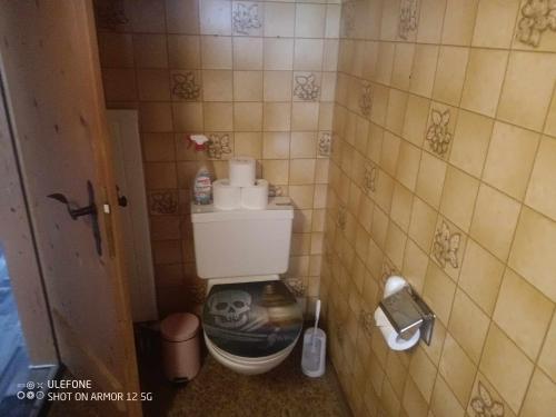 a bathroom with a toilet with a skull on it at Haldi Apartment in Klosters Serneus
