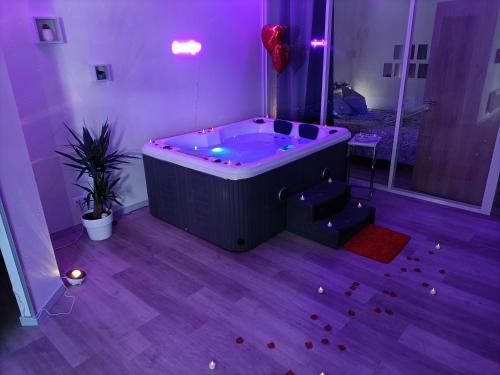 - une salle de bains pourpre pourvue d'une baignoire dans l'établissement CocoonSPA LoveRoom Jacuzzi, à Toulouse