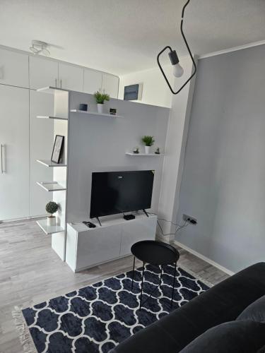 a living room with a tv and a black stool at Apartman Daniela in Sarajevo