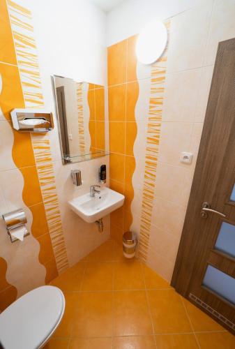 a bathroom with a sink and a toilet and a mirror at Formule in Pürstein