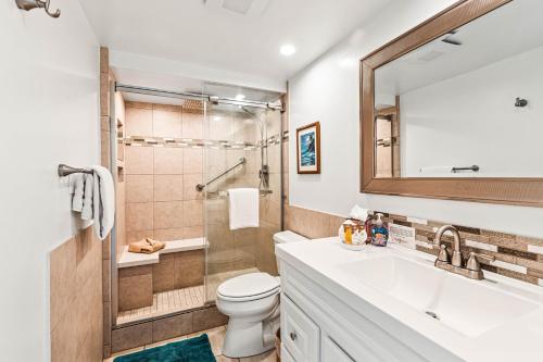 uma casa de banho com um lavatório, um WC e um chuveiro em Maui Parkshore 407 em Wailea