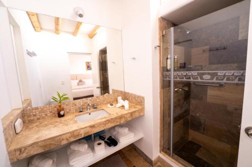 uma casa de banho com um lavatório e um chuveiro em Atoq Paracas Reserva em Paracas