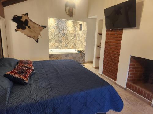 a bedroom with a blue bed and a fireplace at Villa Onawa by Natut Huasca in Huasca de Ocampo