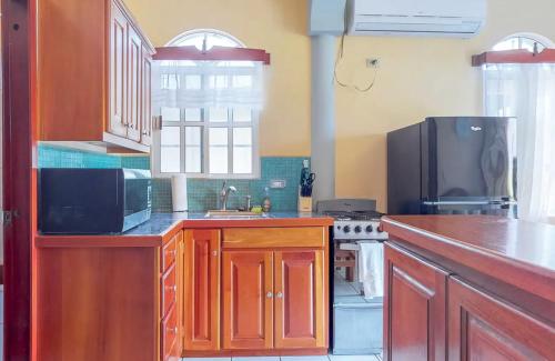 a kitchen with a sink and a microwave at Sandy Feet Beach Resort in Placencia Village