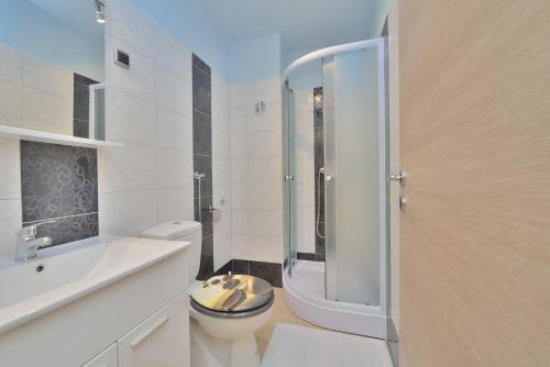 łazienka z toaletą, umywalką i prysznicem w obiekcie Apartments Carpe Diem w mieście Novigrad