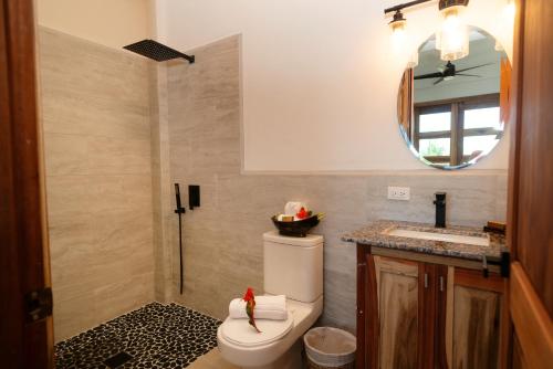 a bathroom with a toilet and a sink and a mirror at Sandy Feet Beach Resort in Placencia Village