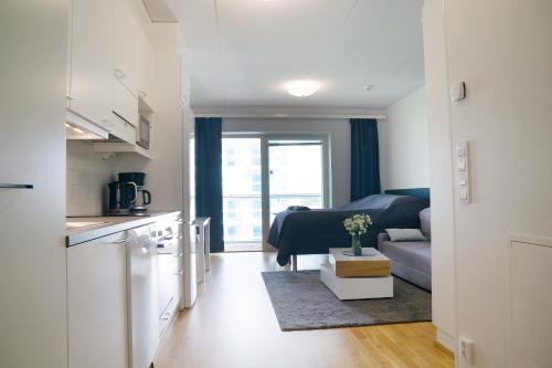 um pequeno apartamento com uma cozinha e uma sala de estar em Railway station & Central studio em Oulu