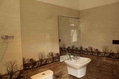 a bathroom with a sink and a toilet and a mirror at Kandy Lotus Chalet in Kandy