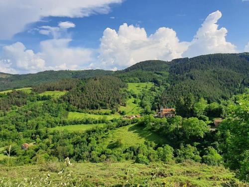 a green hillside with a house on top of it at Maison pittoresque avec terrasse et BBQ, calme près de Langeac - FR-1-582-124 in Langeac