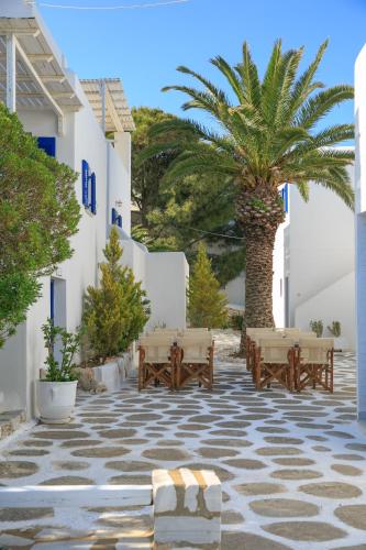 a courtyard with wooden benches and a palm tree at Nicos Studios & Apartments in Logaras