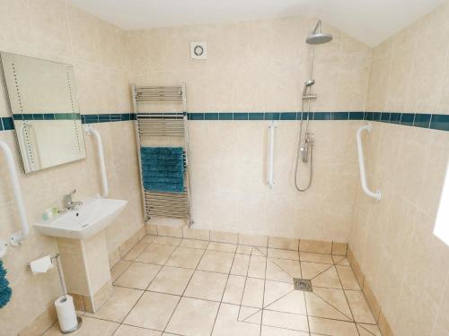 een badkamer met een wastafel en een douche bij Westerby Lodge in Claythorpe