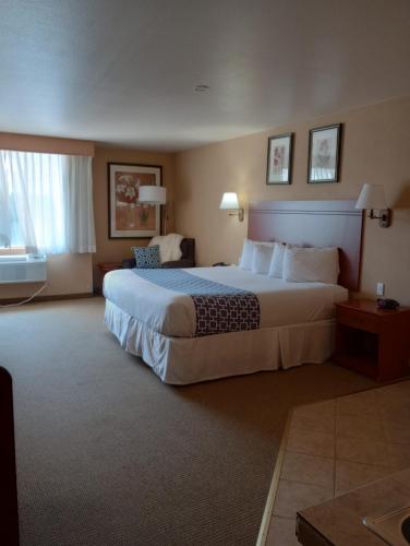 a hotel room with a large bed and a bathroom at Wingate by Wyndham Mount Vernon in Mount Vernon