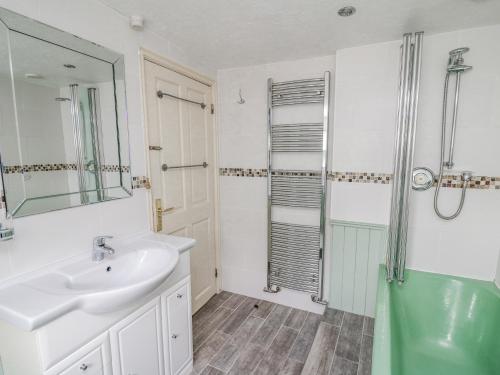 a bathroom with a sink and a shower at Greenbanks in Newport Pembrokeshire