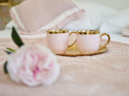 two coffee cups on a tray next to a pink flower at Guesthouse Ana Trogir Old Town in Trogir