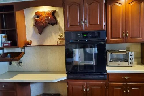 a kitchen with a black microwave and a toaster oven at Serenity Sunset in Brocton