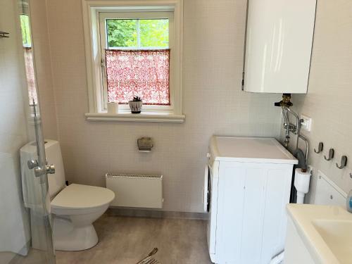 a bathroom with a toilet and a sink and a window at Newly built cozy cottage on the east side of Öland in Färjestaden