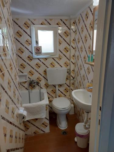 a bathroom with a toilet and a sink and a mirror at Spyros Studio in Paleo Tsifliki