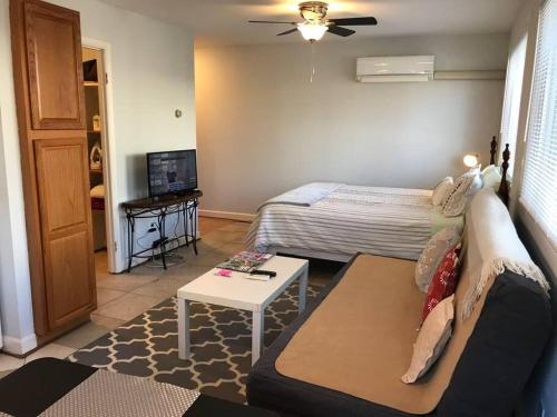 a living room with a couch and a bed at Walk2Metro's,DCGem,Private,Wifi, FreeParking in Arlington