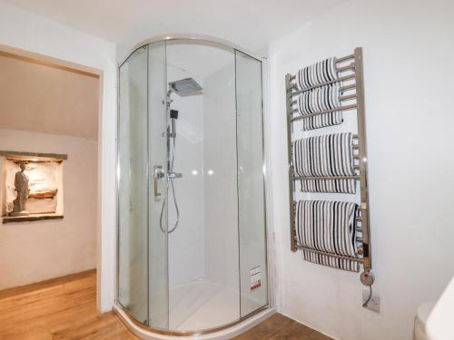 um chuveiro com uma porta de vidro na casa de banho em Downrow Barn em Tintagel