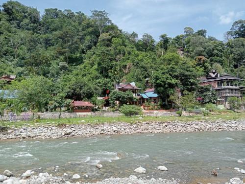 a group of houses on the banks of a river at Sumatra Jungle Trek In & Orangutan Trips in Bukit Lawang
